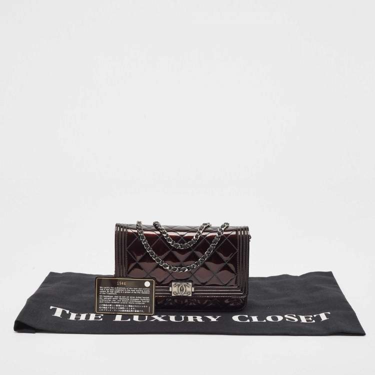 Pre Owned Chanel Metallic Black Quilted Patent Leather Boy Wallet on Chain