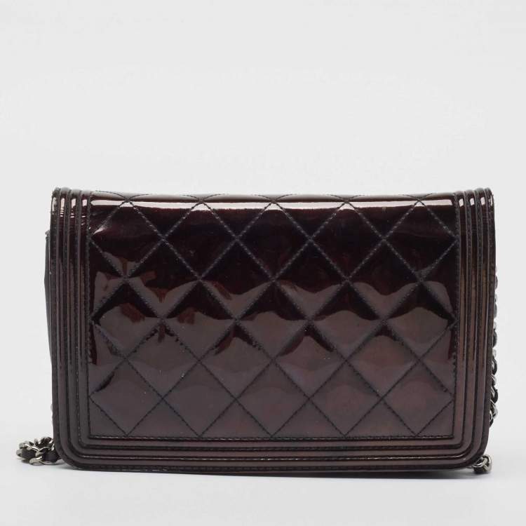 Pre Owned Chanel Metallic Black Quilted Patent Leather Boy Wallet on Chain