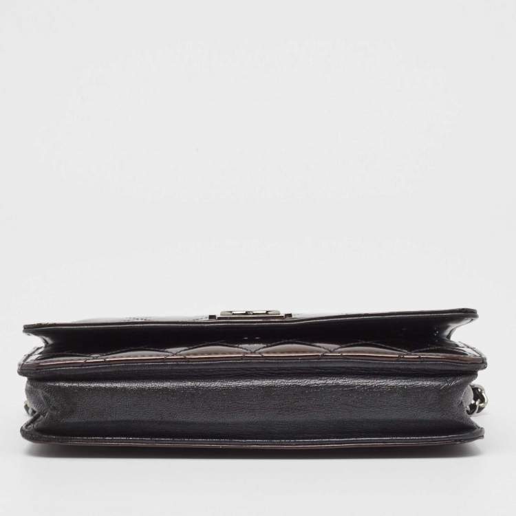 Pre Owned Chanel Metallic Black Quilted Patent Leather Boy Wallet on Chain