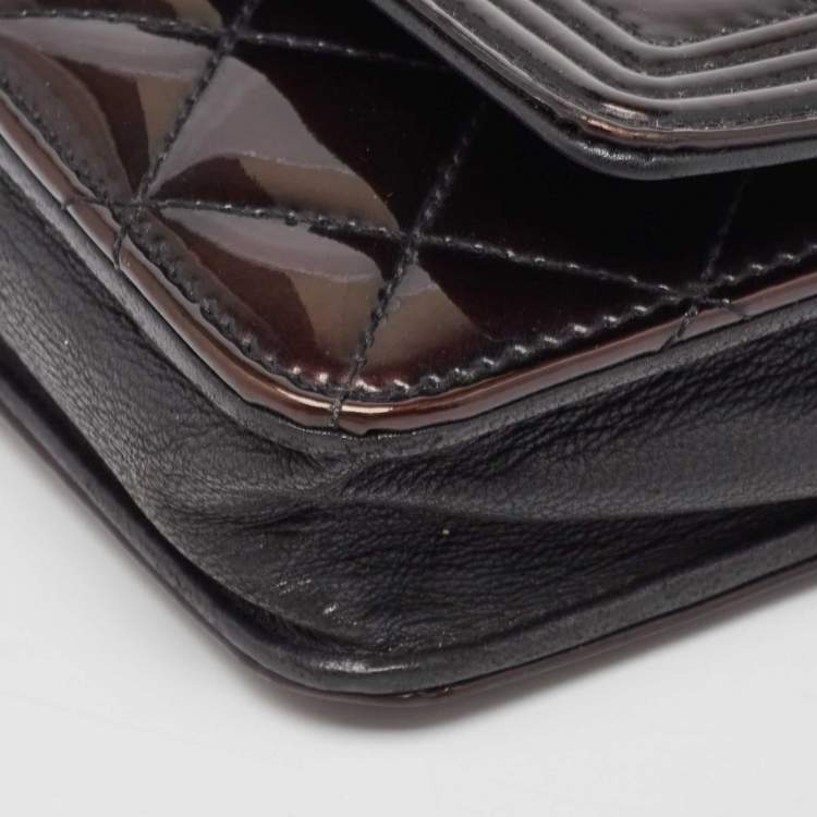 Pre Owned Chanel Metallic Black Quilted Patent Leather Boy Wallet on Chain