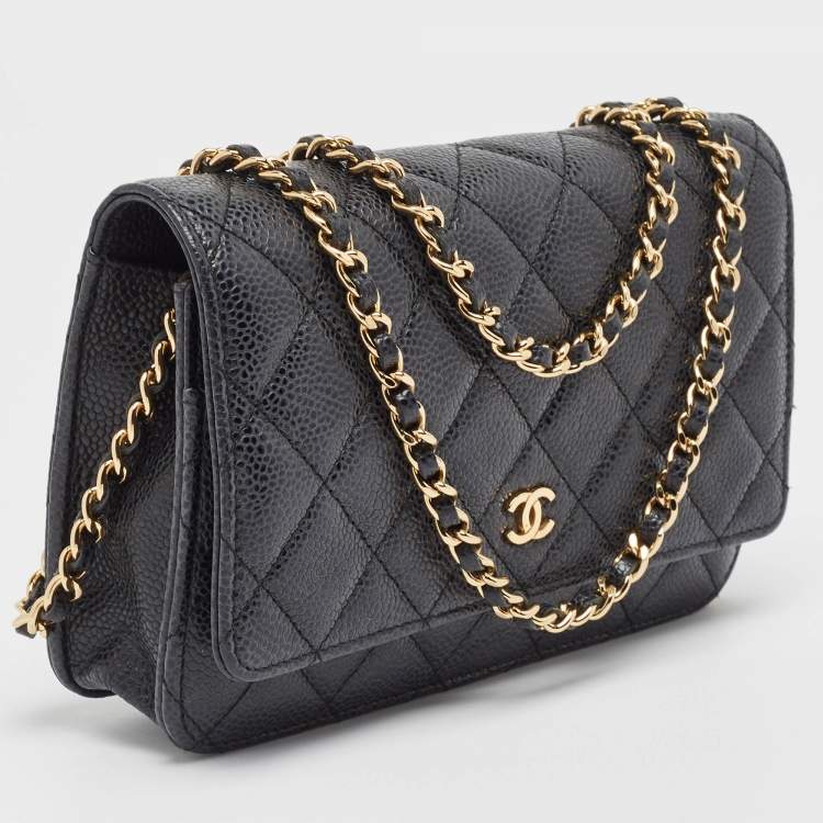 Pre Owned Chanel Black Quilted Caviar Leather Classic Wallet on Chain 