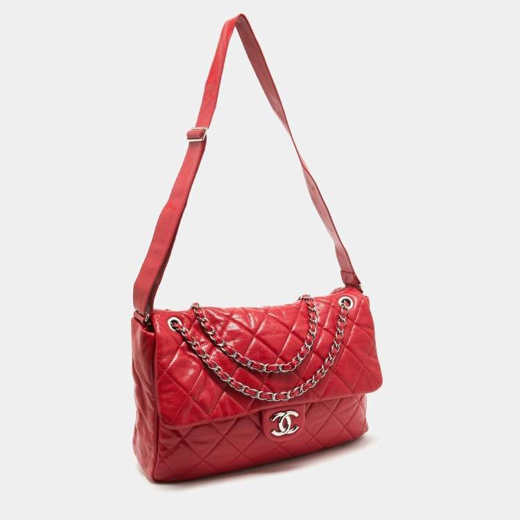 Pre Owned Chanel Red Quilted Caviar Leather XL Classic Flap Messenger Bag