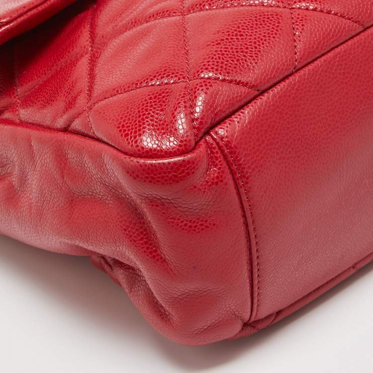 Pre Owned Chanel Red Quilted Caviar Leather XL Classic Flap Messenger Bag