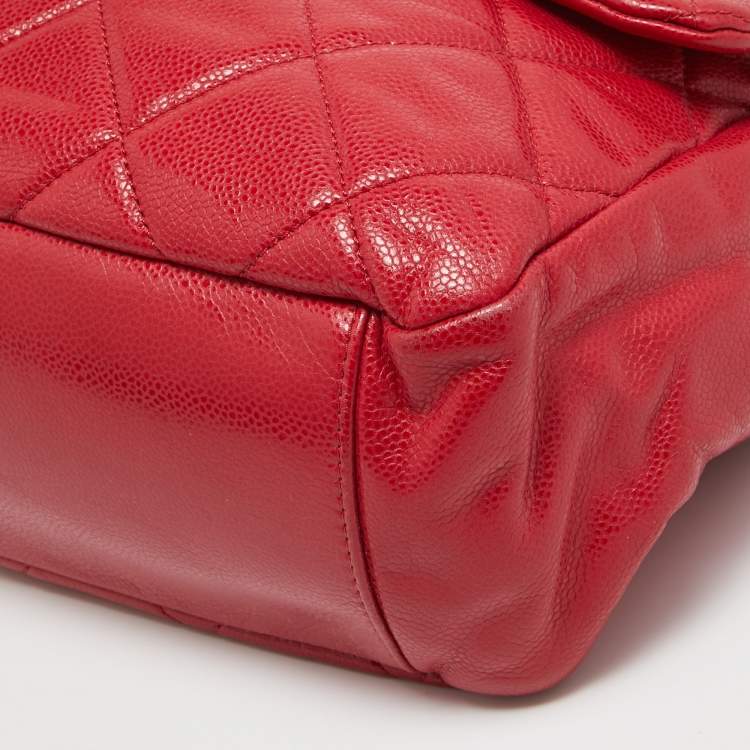 Pre Owned Chanel Red Quilted Caviar Leather XL Classic Flap Messenger Bag