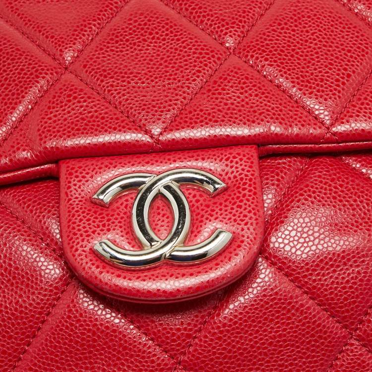 Pre Owned Chanel Red Quilted Caviar Leather XL Classic Flap Messenger Bag