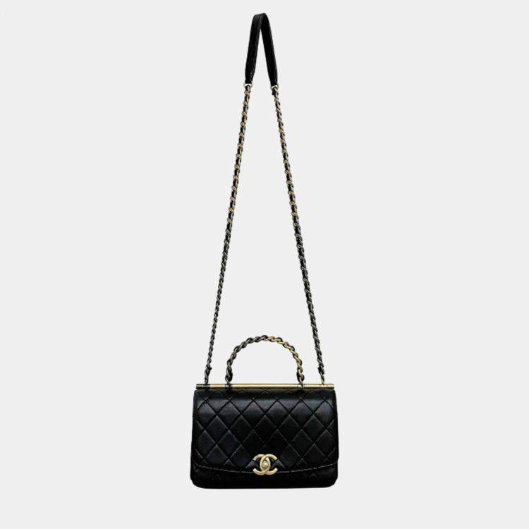 Pre Owned Chanel  Black Quilted Lambskin Leather Small Classic Top Handle Flap Bag