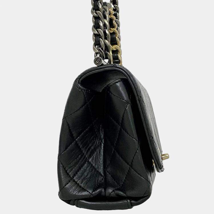 Pre Owned Chanel  Black Quilted Lambskin Leather Small Classic Top Handle Flap Bag