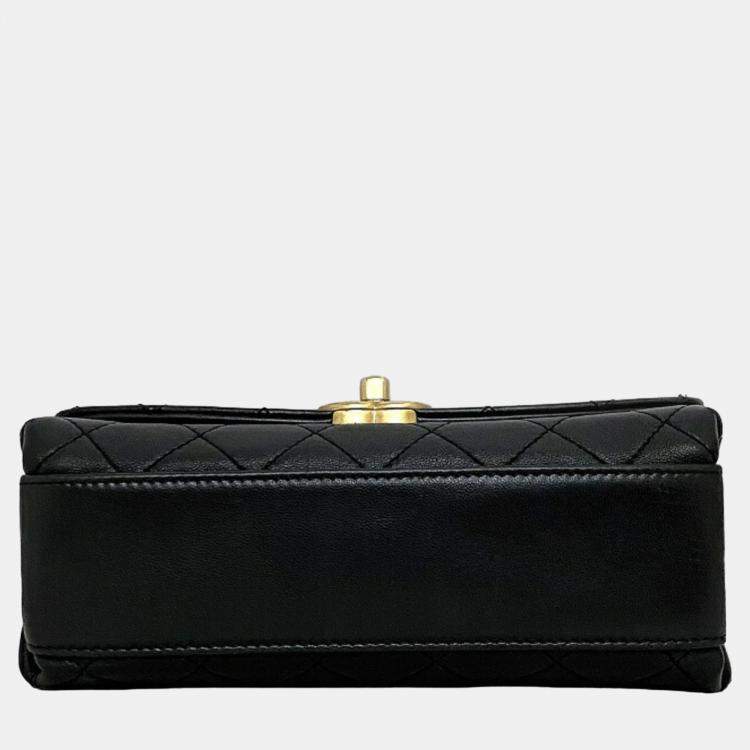 Pre Owned Chanel  Black Quilted Lambskin Leather Small Classic Top Handle Flap Bag