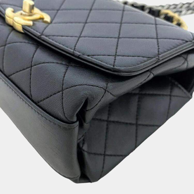 Pre Owned Chanel  Black Quilted Lambskin Leather Small Classic Top Handle Flap Bag