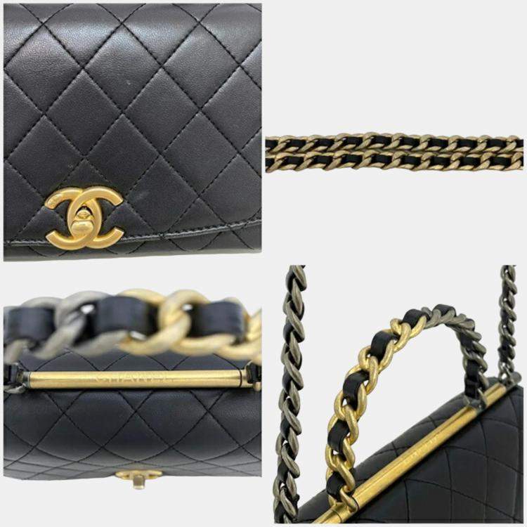 Pre Owned Chanel  Black Quilted Lambskin Leather Small Classic Top Handle Flap Bag