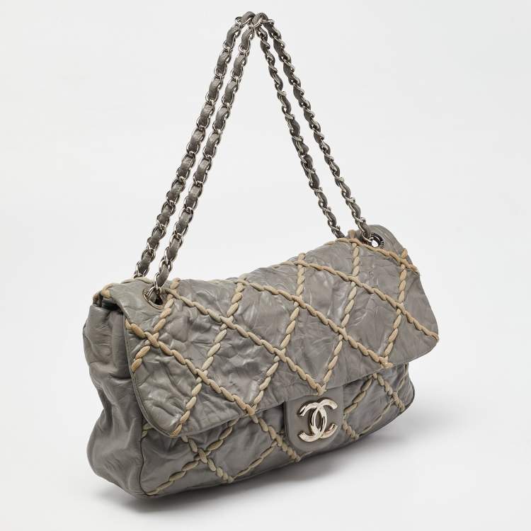 Pre Owned Chanel Grey Quilted Crinkled Leather Ultra Stitch Classic Flap Bag