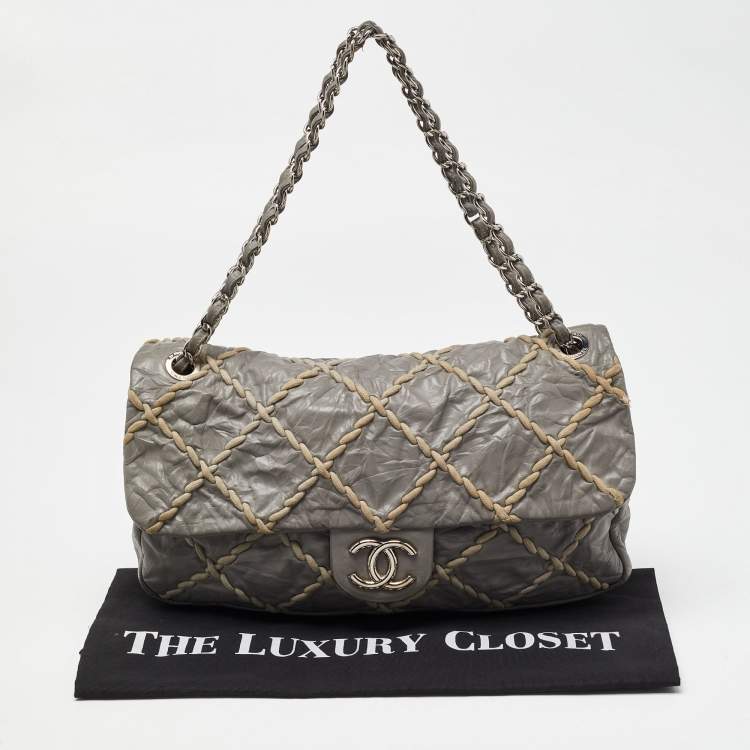Pre Owned Chanel Grey Quilted Crinkled Leather Ultra Stitch Classic Flap Bag