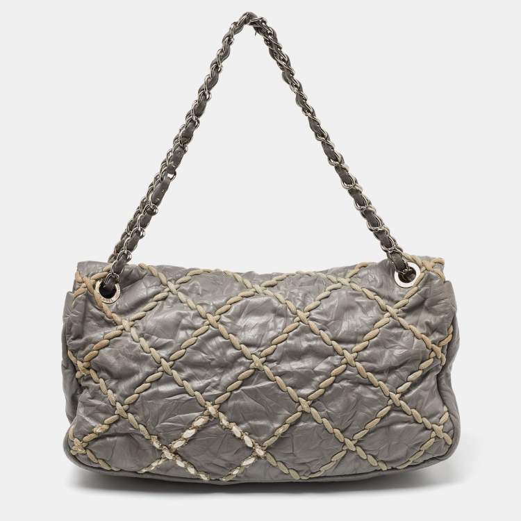 Pre Owned Chanel Grey Quilted Crinkled Leather Ultra Stitch Classic Flap Bag