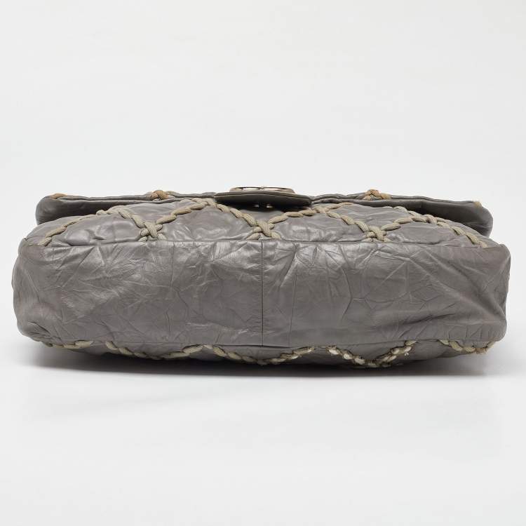 Pre Owned Chanel Grey Quilted Crinkled Leather Ultra Stitch Classic Flap Bag