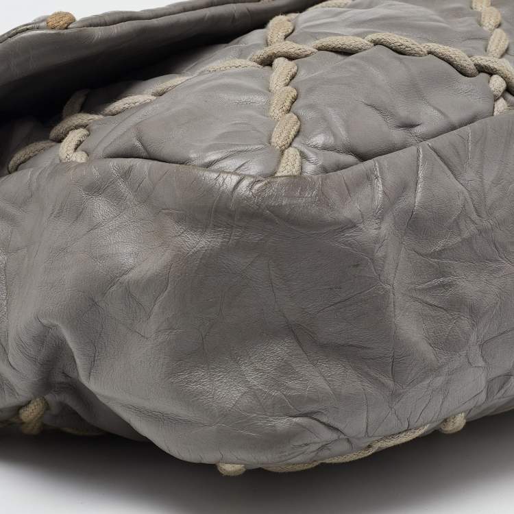 Pre Owned Chanel Grey Quilted Crinkled Leather Ultra Stitch Classic Flap Bag