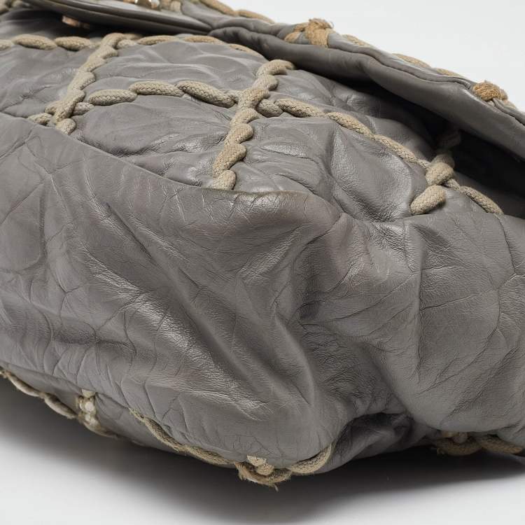 Pre Owned Chanel Grey Quilted Crinkled Leather Ultra Stitch Classic Flap Bag