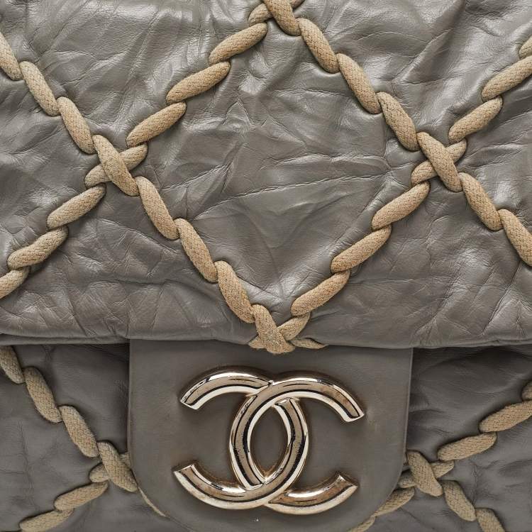 Pre Owned Chanel Grey Quilted Crinkled Leather Ultra Stitch Classic Flap Bag