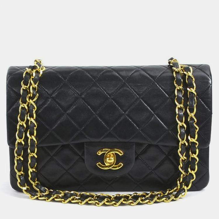 Pre Owned Chanel Black Lambskin Leather Small Classic Double Flap Shoulder Bags