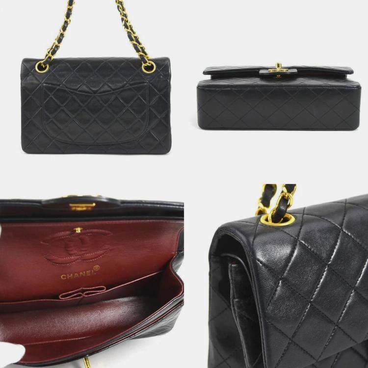 Pre Owned Chanel Black Lambskin Leather Small Classic Double Flap Shoulder Bags