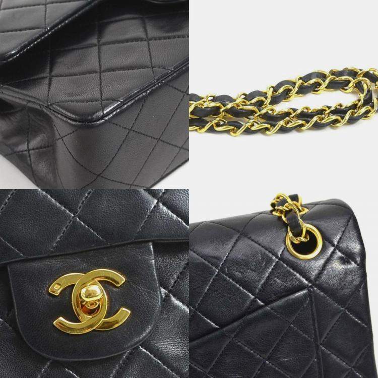 Pre Owned Chanel Black Lambskin Leather Small Classic Double Flap Shoulder Bags