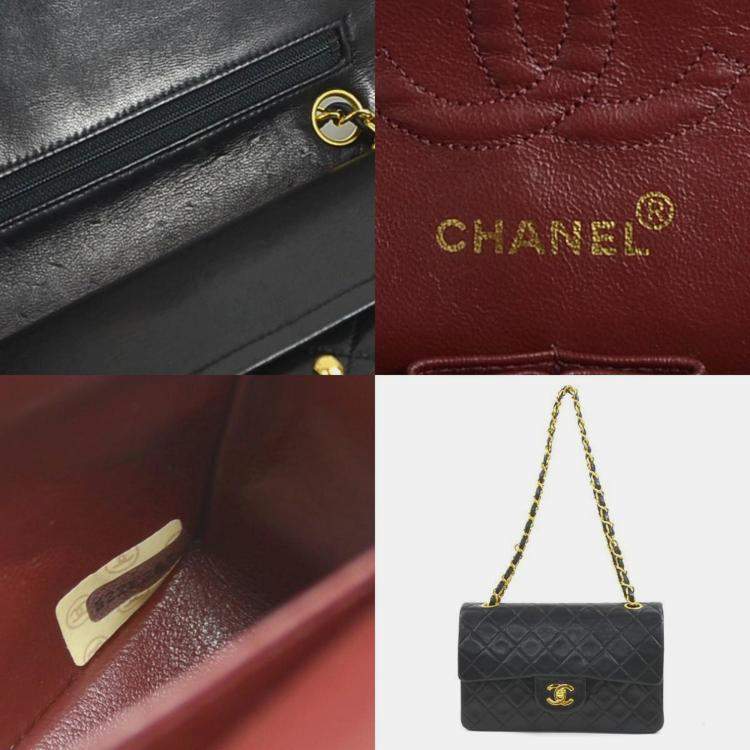 Pre Owned Chanel Black Lambskin Leather Small Classic Double Flap Shoulder Bags