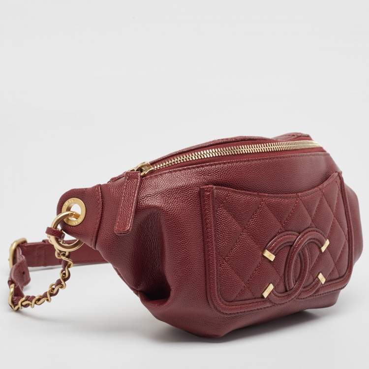 Pre Owned Chanel Red Quilted Caviar Leather Filigree Belt Bag
