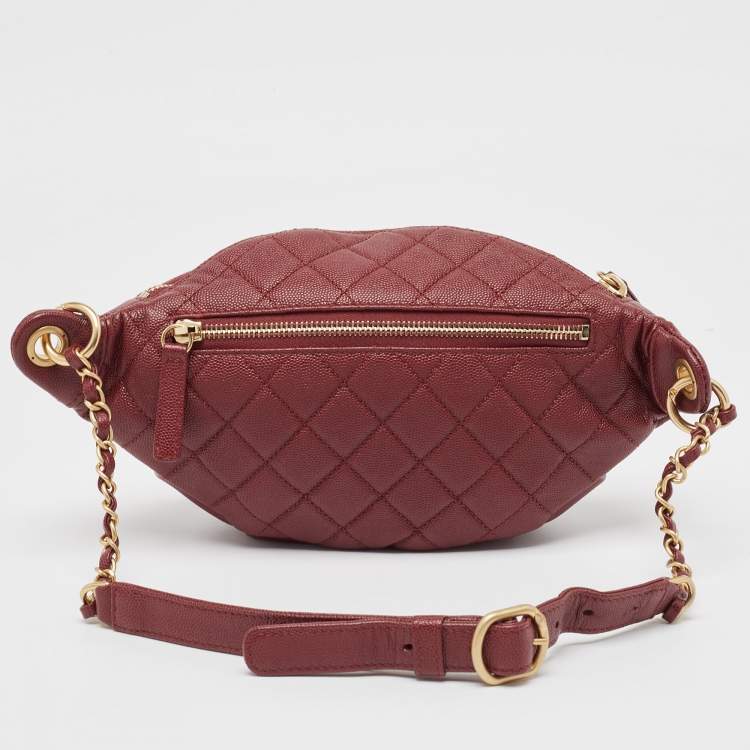 Pre Owned Chanel Red Quilted Caviar Leather Filigree Belt Bag