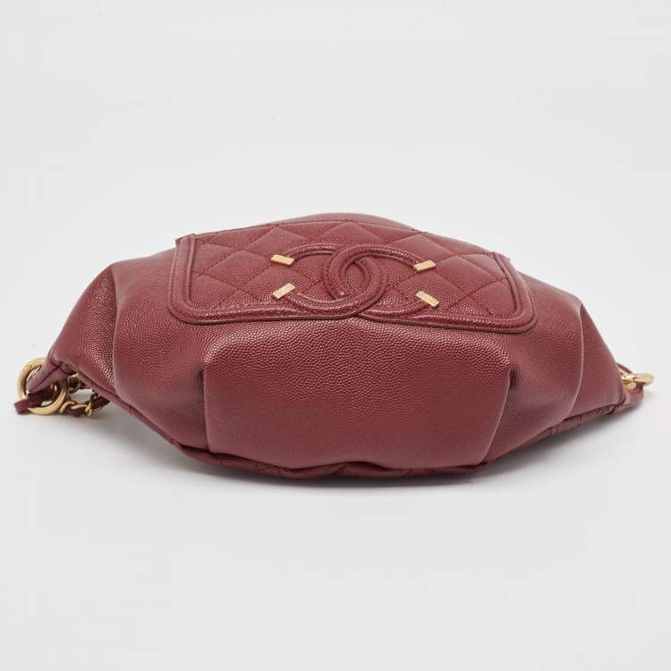 Pre Owned Chanel Red Quilted Caviar Leather Filigree Belt Bag