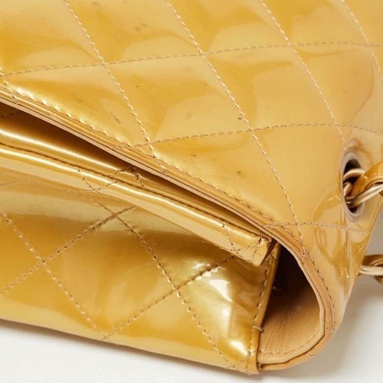 Pre Owned Chanel Gold Quilted Patent Leather Maxi Classic Single Flap Bag