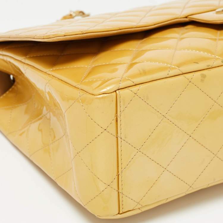 Pre Owned Chanel Gold Quilted Patent Leather Maxi Classic Single Flap Bag