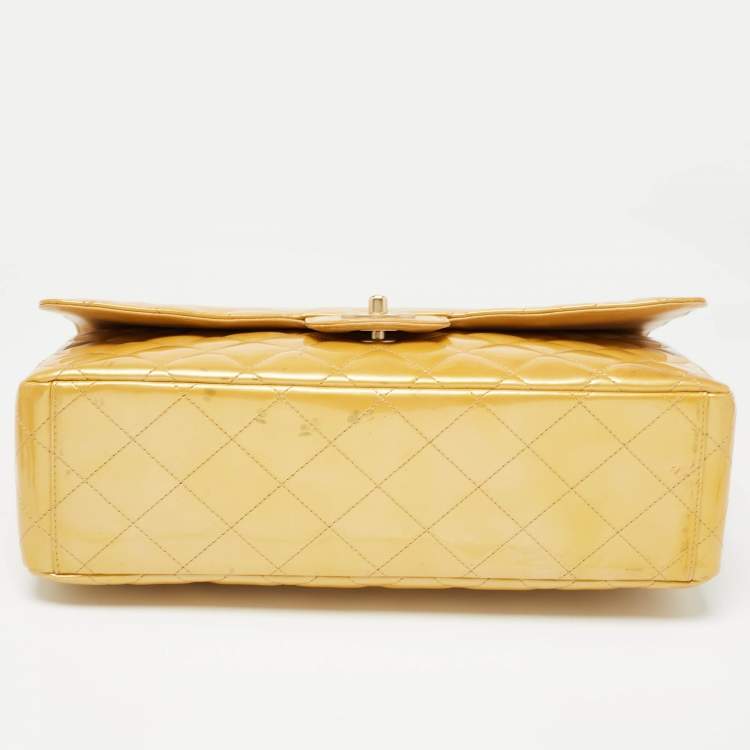Pre Owned Chanel Gold Quilted Patent Leather Maxi Classic Single Flap Bag