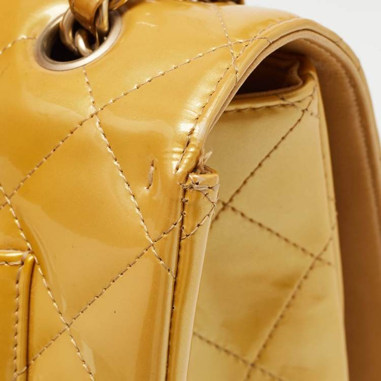 Pre Owned Chanel Gold Quilted Patent Leather Maxi Classic Single Flap Bag