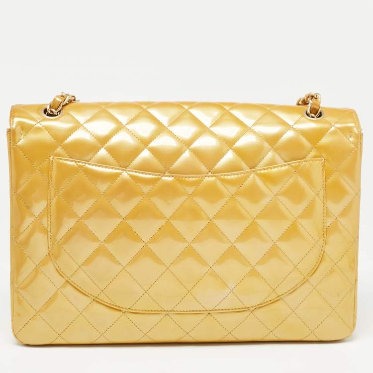 Pre Owned Chanel Gold Quilted Patent Leather Maxi Classic Single Flap Bag