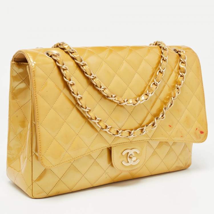 Pre Owned Chanel Gold Quilted Patent Leather Maxi Classic Single Flap Bag