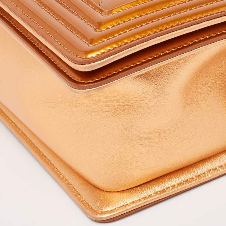 Pre Owned Chanel Bronze Quilted Patent Leather Medium Boy Flap Bag