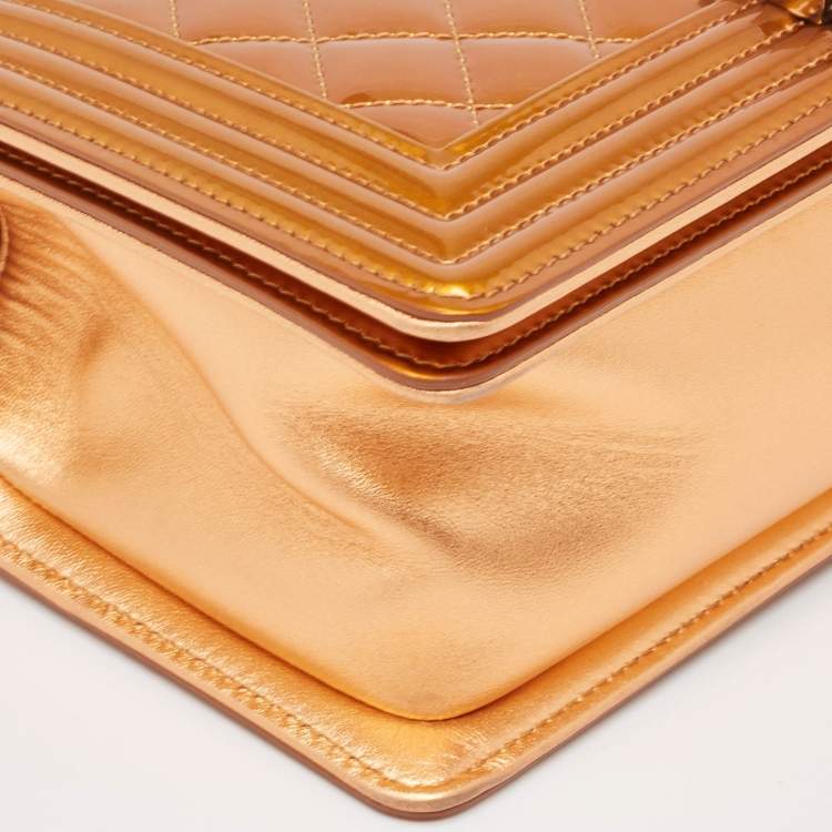 Pre Owned Chanel Bronze Quilted Patent Leather Medium Boy Flap Bag