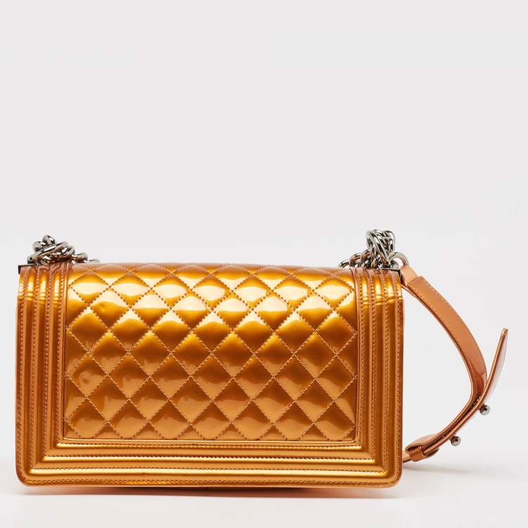 Pre Owned Chanel Bronze Quilted Patent Leather Medium Boy Flap Bag