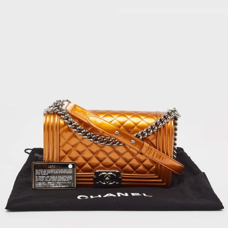 Pre Owned Chanel Bronze Quilted Patent Leather Medium Boy Flap Bag