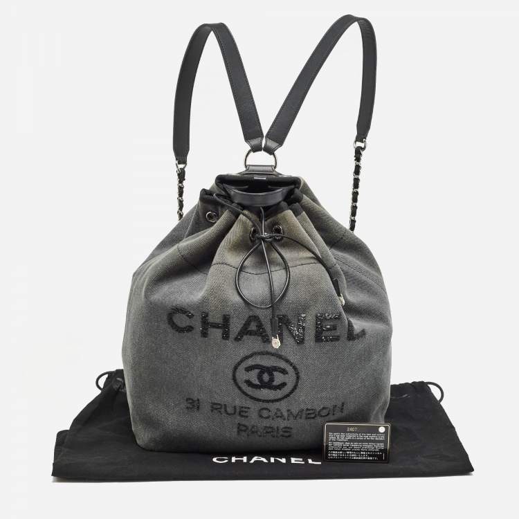 Pre Owned Chanel Dark Grey Denim Sequins Deauville Backpack