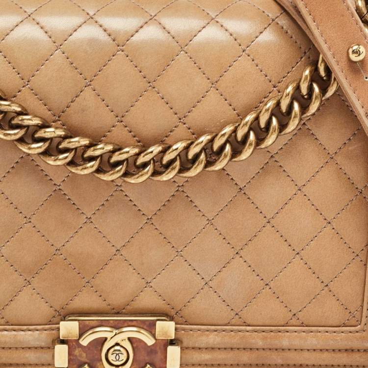 Pre Owned Chanel Brown Marble Effect Quilted Leather New Medium Boy Flap Bag