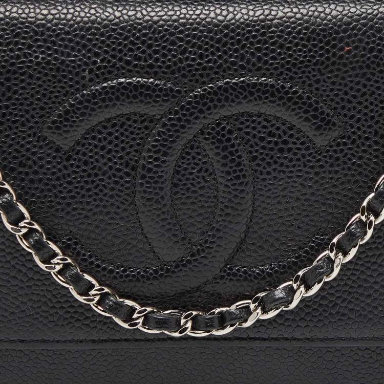 Pre Owned Chanel Black Quilted Caviar Leather Classic Wallet On Chain