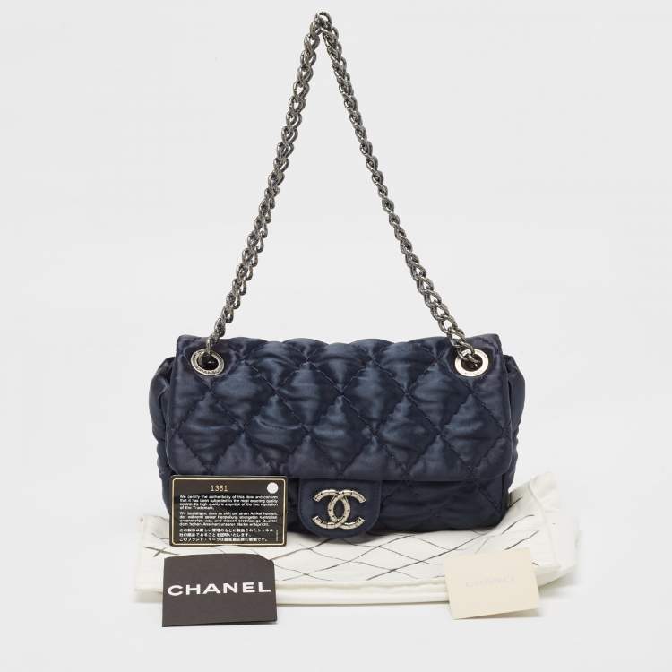 Pre Owned Chanel Navy Blue Quilted Satin Medium Classic Single Flap Bag