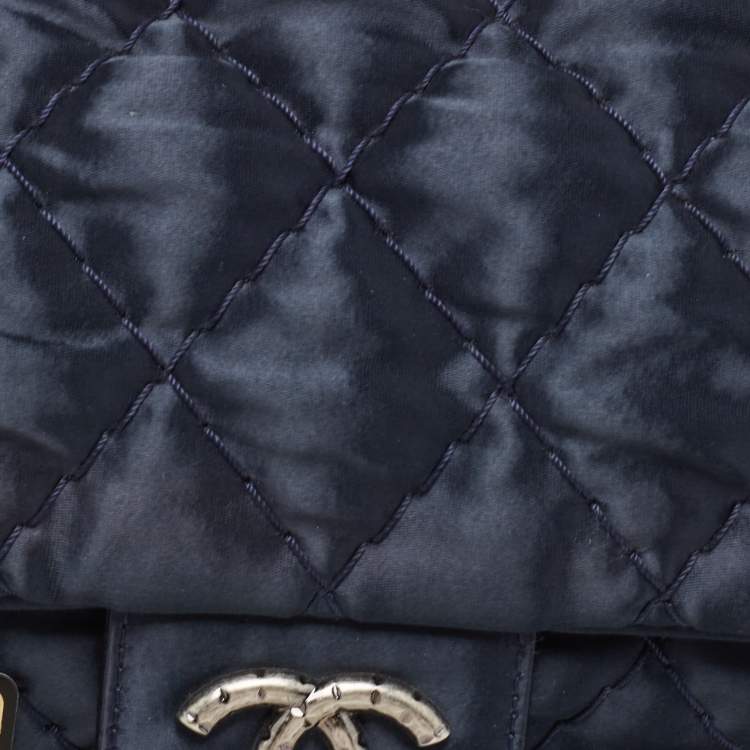 Pre Owned Chanel Navy Blue Quilted Satin Medium Classic Single Flap Bag