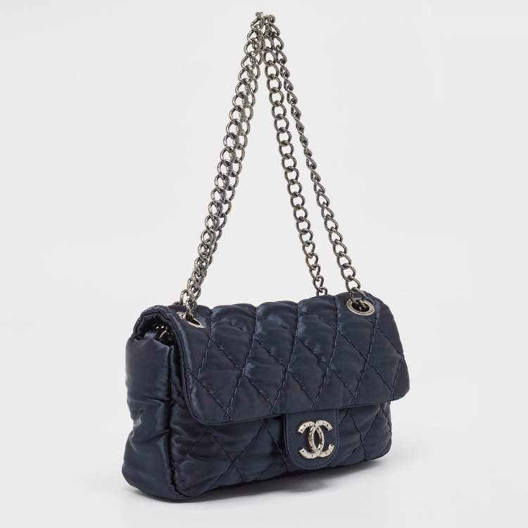 Pre Owned Chanel Navy Blue Quilted Satin Medium Classic Single Flap Bag