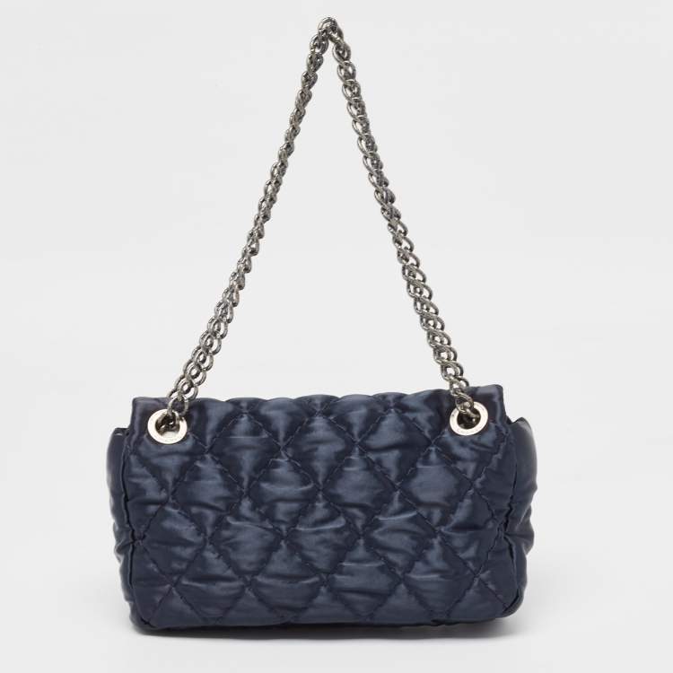 Pre Owned Chanel Navy Blue Quilted Satin Medium Classic Single Flap Bag