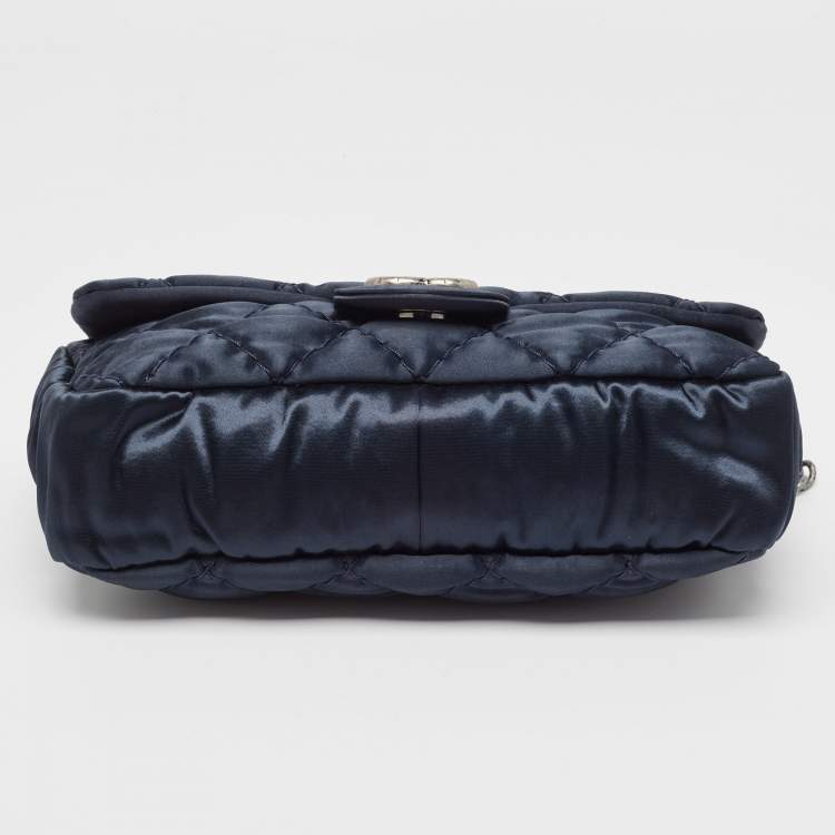 Pre Owned Chanel Navy Blue Quilted Satin Medium Classic Single Flap Bag