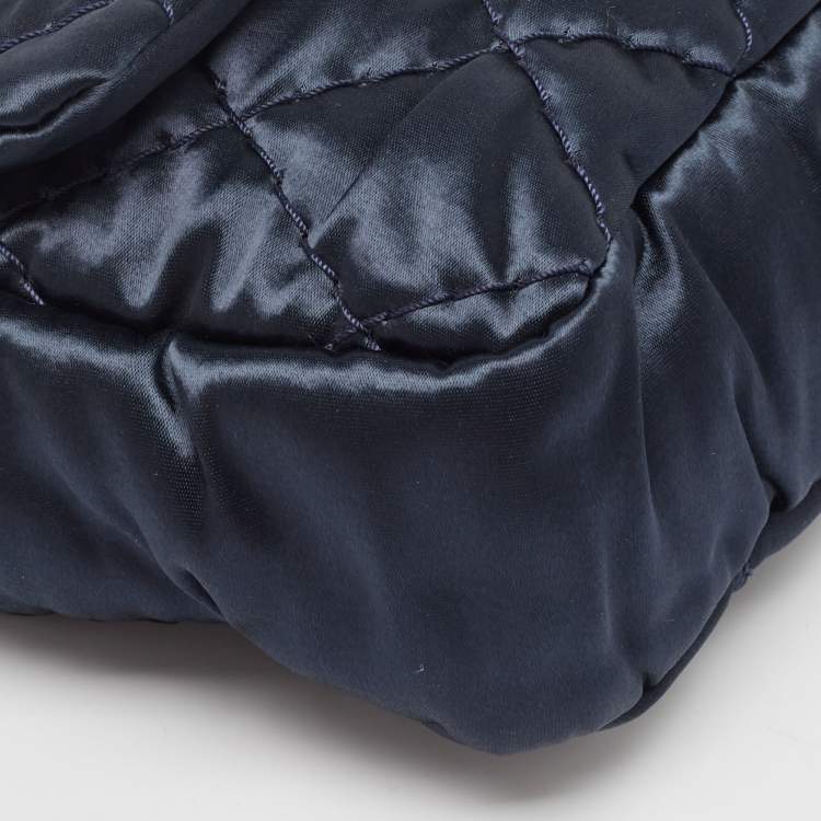 Pre Owned Chanel Navy Blue Quilted Satin Medium Classic Single Flap Bag