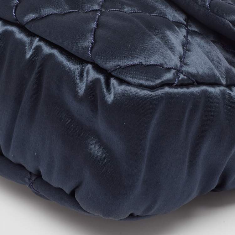 Pre Owned Chanel Navy Blue Quilted Satin Medium Classic Single Flap Bag