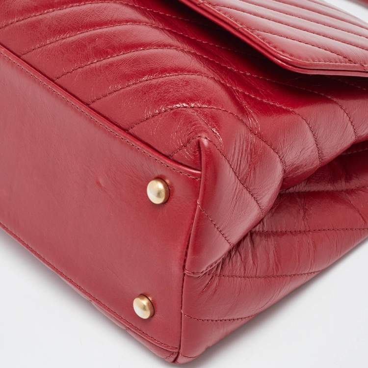 Pre Owned Chanel Red Chevron Quilted Leather Small Coco Top Handle Bag
