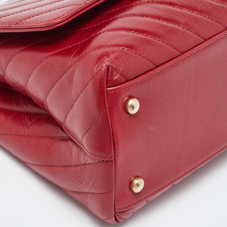 Pre Owned Chanel Red Chevron Quilted Leather Small Coco Top Handle Bag